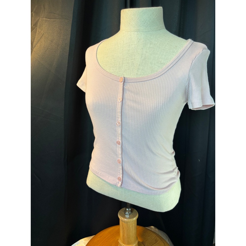 Heart & Hips Pink Ribbed Short Sleeve Button Front Top RT52555 Mens Medium